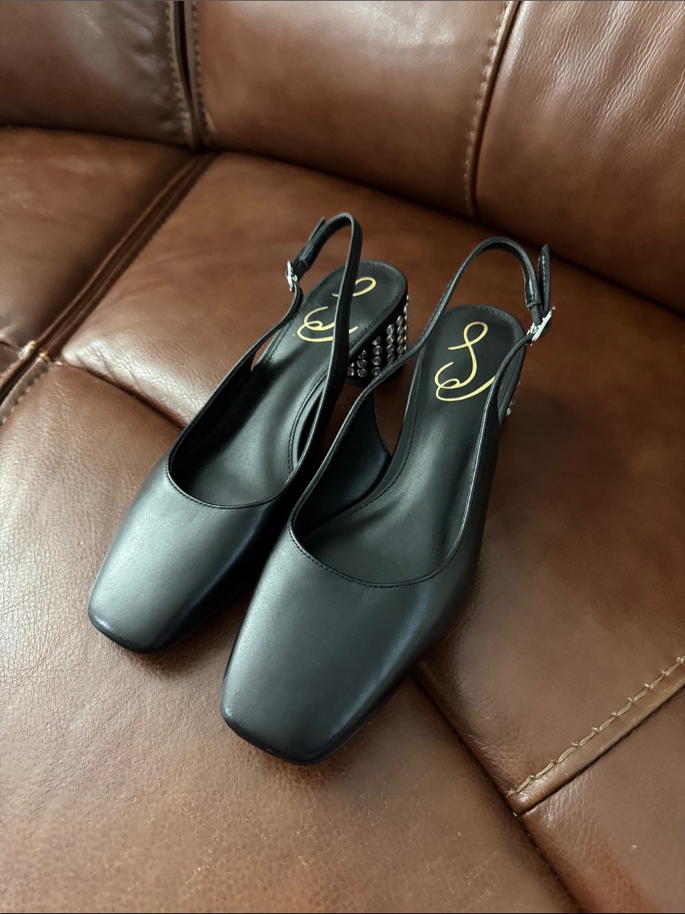 Black Slingback Block Heel Pumps with Studded Heel